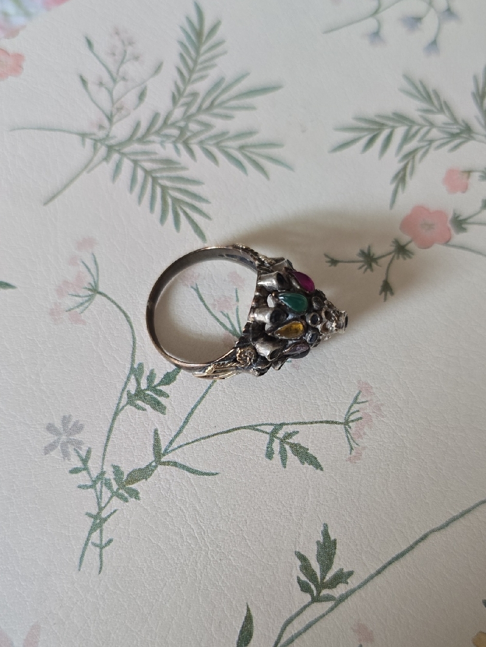 Sterling-Style Multi-Stone Cluster Ring in Green, Pink & Yellow